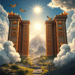 A grand depiction of the Gates of Olympus, featuring imposing, intricately carved stone gates adorned with golden embellishments and divine symbols