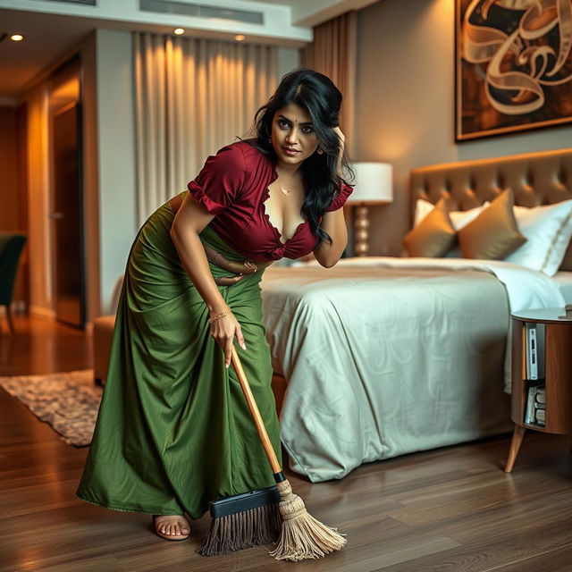 An engaging scene featuring an Indian maid in a torn maroon small sleeved blouse and a flowing green saree