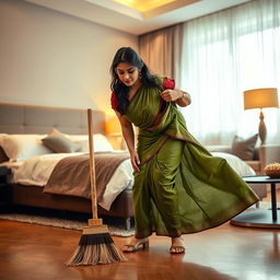 An engaging scene featuring an Indian maid in a torn maroon small sleeved blouse and a flowing green saree