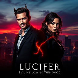 An enticing teaser poster for 'LUCIFER Season 7' (2024), prominently featuring Lauren German and Tom Ellis in their iconic roles