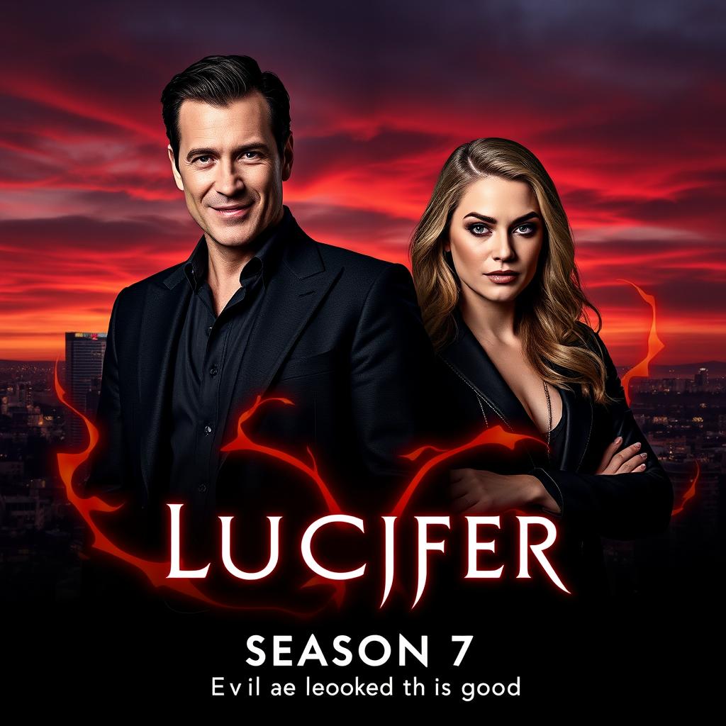 An enticing teaser poster for 'LUCIFER Season 7' (2024), prominently featuring Lauren German and Tom Ellis in their iconic roles