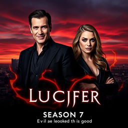 An enticing teaser poster for 'LUCIFER Season 7' (2024), prominently featuring Lauren German and Tom Ellis in their iconic roles