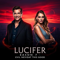 An enticing teaser poster for 'LUCIFER Season 7' (2024), prominently featuring Lauren German and Tom Ellis in their iconic roles
