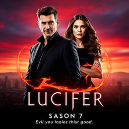 An enticing teaser poster for 'LUCIFER Season 7' (2024), prominently featuring Lauren German and Tom Ellis in their iconic roles