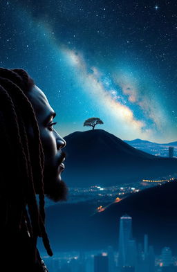 A 38-year-old black Rastafarian man with multicolored beads in his hair gazing thoughtfully at a distant hill featuring a solitary tree atop it, radiating an ethereal glow