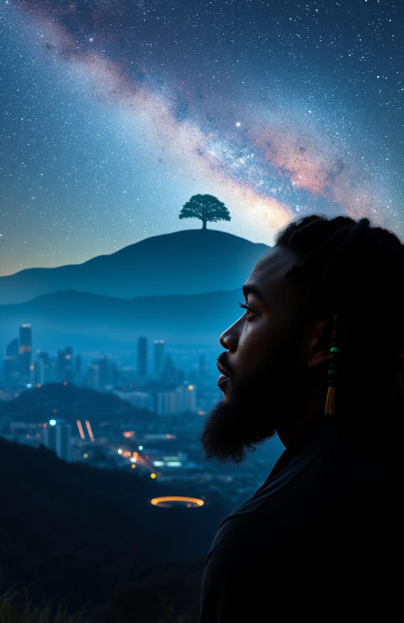 A 38-year-old black Rastafarian man with multicolored beads in his hair gazing thoughtfully at a distant hill featuring a solitary tree atop it, radiating an ethereal glow