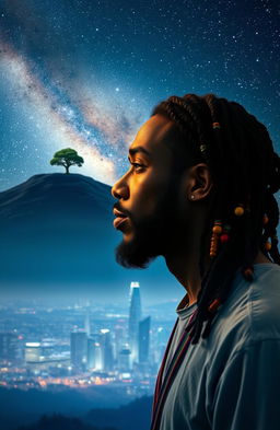 A 38-year-old black Rastafarian man with multicolored beads in his hair gazing thoughtfully at a distant hill featuring a solitary tree atop it, radiating an ethereal glow