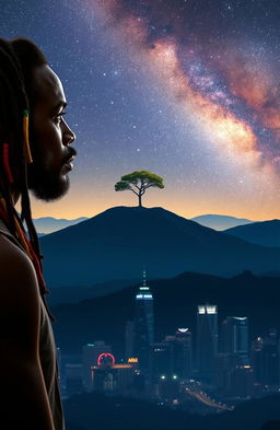 A 38-year-old black Rastafarian man with multicolored beads in his hair gazing thoughtfully at a distant hill featuring a solitary tree atop it, radiating an ethereal glow