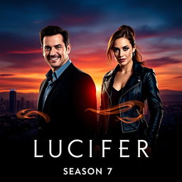 A dynamic promotional poster for 'LUCIFER Season 7' (2024), prominently featuring Lauren German and Tom Ellis as their iconic characters
