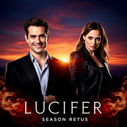 A dynamic promotional poster for 'LUCIFER Season 7' (2024), prominently featuring Lauren German and Tom Ellis as their iconic characters
