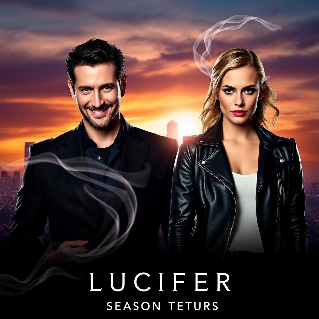 A dynamic promotional poster for 'LUCIFER Season 7' (2024), prominently featuring Lauren German and Tom Ellis as their iconic characters