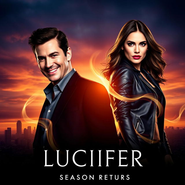 A dynamic promotional poster for 'LUCIFER Season 7' (2024), prominently featuring Lauren German and Tom Ellis as their iconic characters