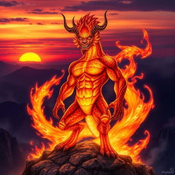 A beautifully detailed, high-resolution portrait of a majestic warman, a mythical creature known for its fiery aura and powerful presence