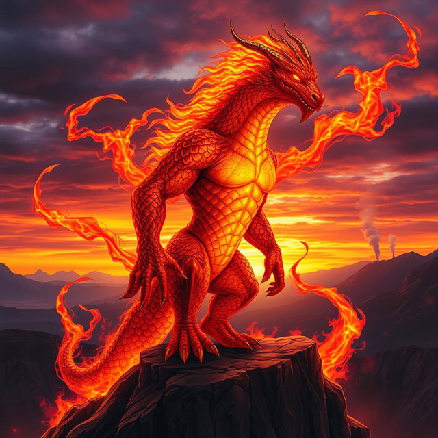 A beautifully detailed, high-resolution portrait of a majestic warman, a mythical creature known for its fiery aura and powerful presence