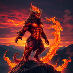A beautifully detailed, high-resolution portrait of a majestic warman, a mythical creature known for its fiery aura and powerful presence