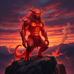 A beautifully detailed, high-resolution portrait of a majestic warman, a mythical creature known for its fiery aura and powerful presence
