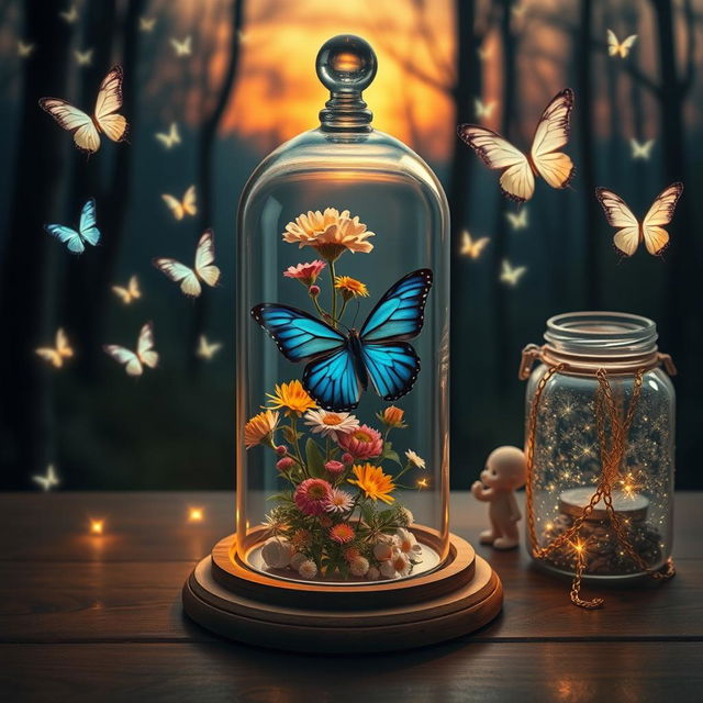 A scene featuring a glass bell jar filled with live flowers and a blue butterfly, surrounded by luminous butterflies