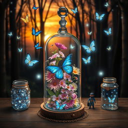 A scene featuring a glass bell jar filled with live flowers and a blue butterfly, surrounded by luminous butterflies