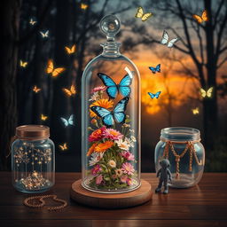 A scene featuring a glass bell jar filled with live flowers and a blue butterfly, surrounded by luminous butterflies