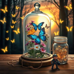 A scene featuring a glass bell jar filled with live flowers and a blue butterfly, surrounded by luminous butterflies