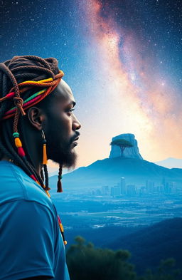 A 38-year-old black Rastafarian man with multicolored beads in his hair, gazing thoughtfully at a scenic hill featuring a prominently standing tree