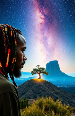 A 38-year-old black Rastafarian man with multicolored beads in his hair, gazing thoughtfully at a scenic hill featuring a prominently standing tree