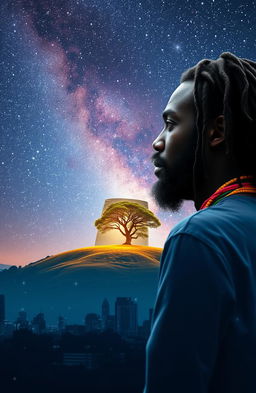 A 38-year-old black Rastafarian man with multicolored beads in his hair, gazing thoughtfully at a scenic hill featuring a prominently standing tree