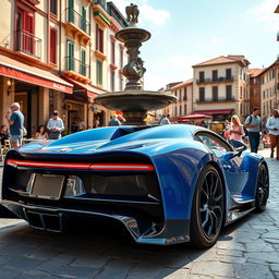 A low-angle shot of a royal blue Bugatti Chiron parked near a stone fountain in the center of a bustling Italian piazza