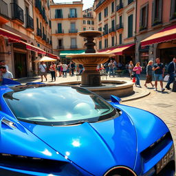 A low-angle shot of a royal blue Bugatti Chiron parked near a stone fountain in the center of a bustling Italian piazza