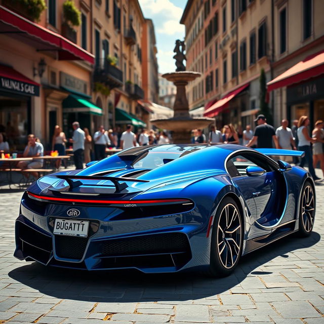 A low-angle shot of a royal blue Bugatti Chiron parked near a stone fountain in the center of a bustling Italian piazza