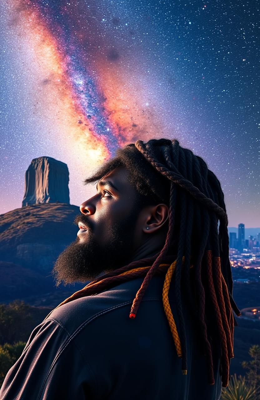 A 38-year-old black Rastafarian man with multicolored beads in his hair, gazing thoughtfully at a scenic hill featuring a prominently standing tree