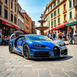 A low-angle shot of a royal blue Bugatti Chiron parked near a stone fountain in the center of a bustling Italian piazza