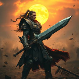 A fierce warrior in intricately designed armor, standing in an epic pose amidst a dramatic battlefield setting