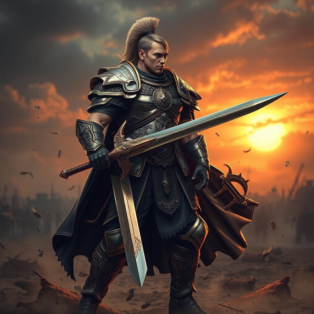 A fierce warrior in intricately designed armor, standing in an epic pose amidst a dramatic battlefield setting
