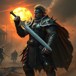 A fierce warrior in intricately designed armor, standing in an epic pose amidst a dramatic battlefield setting
