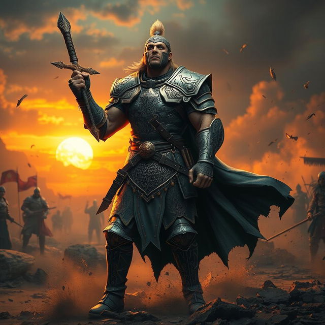 A fierce warrior in intricately designed armor, standing in an epic pose amidst a dramatic battlefield setting