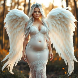 A beautiful, pretty, innocent, curvy girl with very long white, silver, and light blue hair, showcasing a sweet, soft face with light pastel makeup