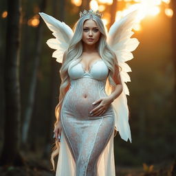 A beautiful, pretty, innocent, curvy girl with very long white, silver, and light blue hair, showcasing a sweet, soft face with light pastel makeup