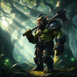 A fierce and intimidating orc warrior standing in a lush, enchanted forest