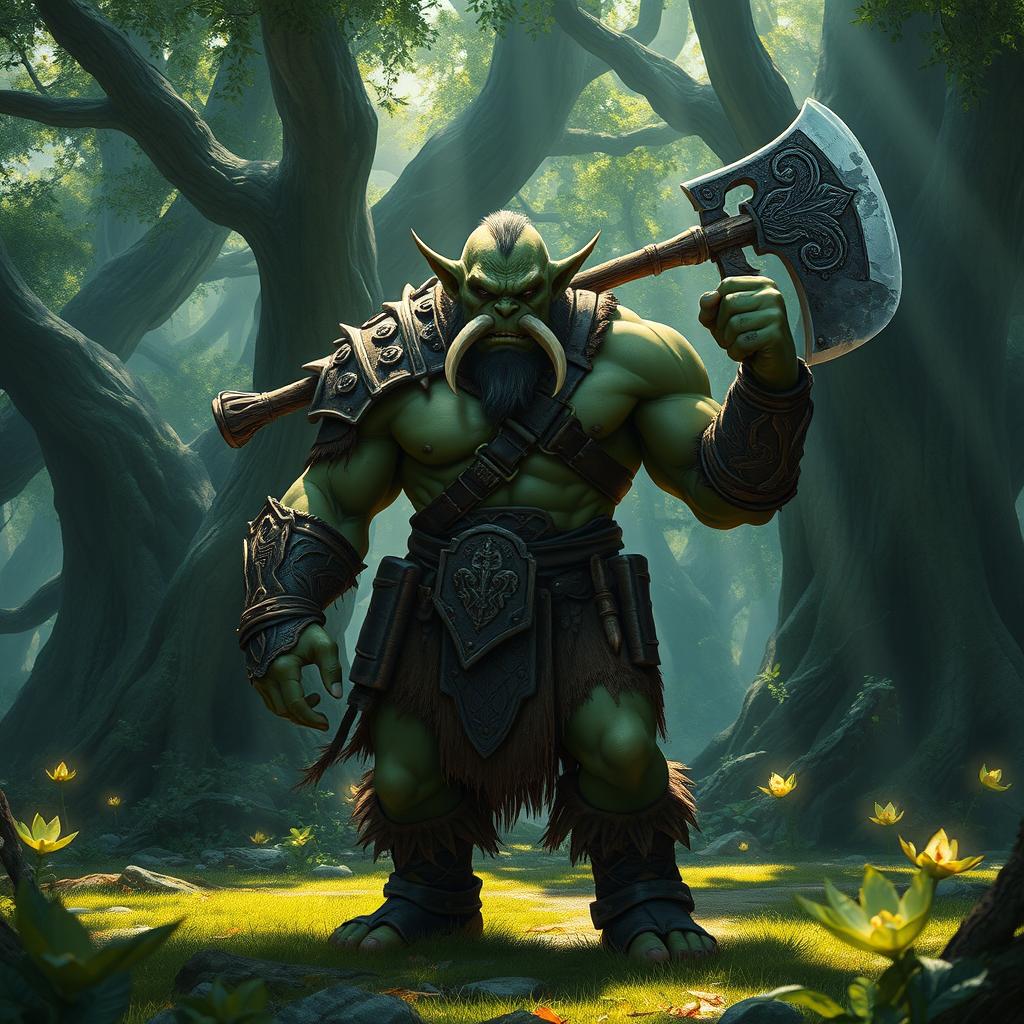 A fierce and intimidating orc warrior standing in a lush, enchanted forest