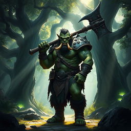 A fierce and intimidating orc warrior standing in a lush, enchanted forest