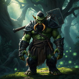A fierce and intimidating orc warrior standing in a lush, enchanted forest