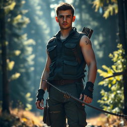 A tall, robust young man named Bruce, 20 years old, stands in a dramatic, sunlit forest setting