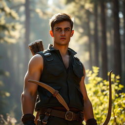 A tall, robust young man named Bruce, 20 years old, stands in a dramatic, sunlit forest setting