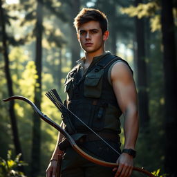 A tall, robust young man named Bruce, 20 years old, stands in a dramatic, sunlit forest setting