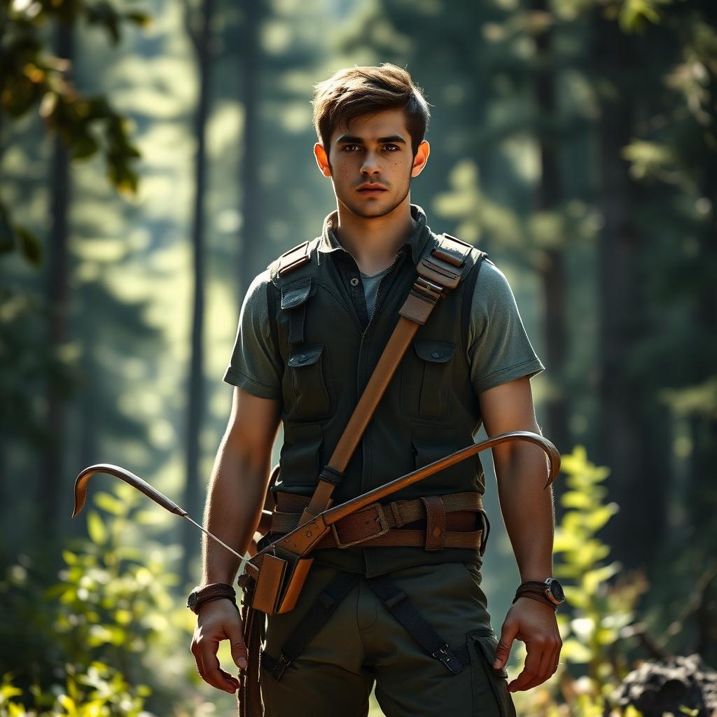 A tall, robust young man named Bruce, 20 years old, stands in a dramatic, sunlit forest setting