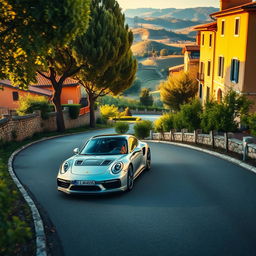 A wide-angle shot of a silver Porsche 911 Turbo S cruising along a winding, tree-lined street in Tuscany