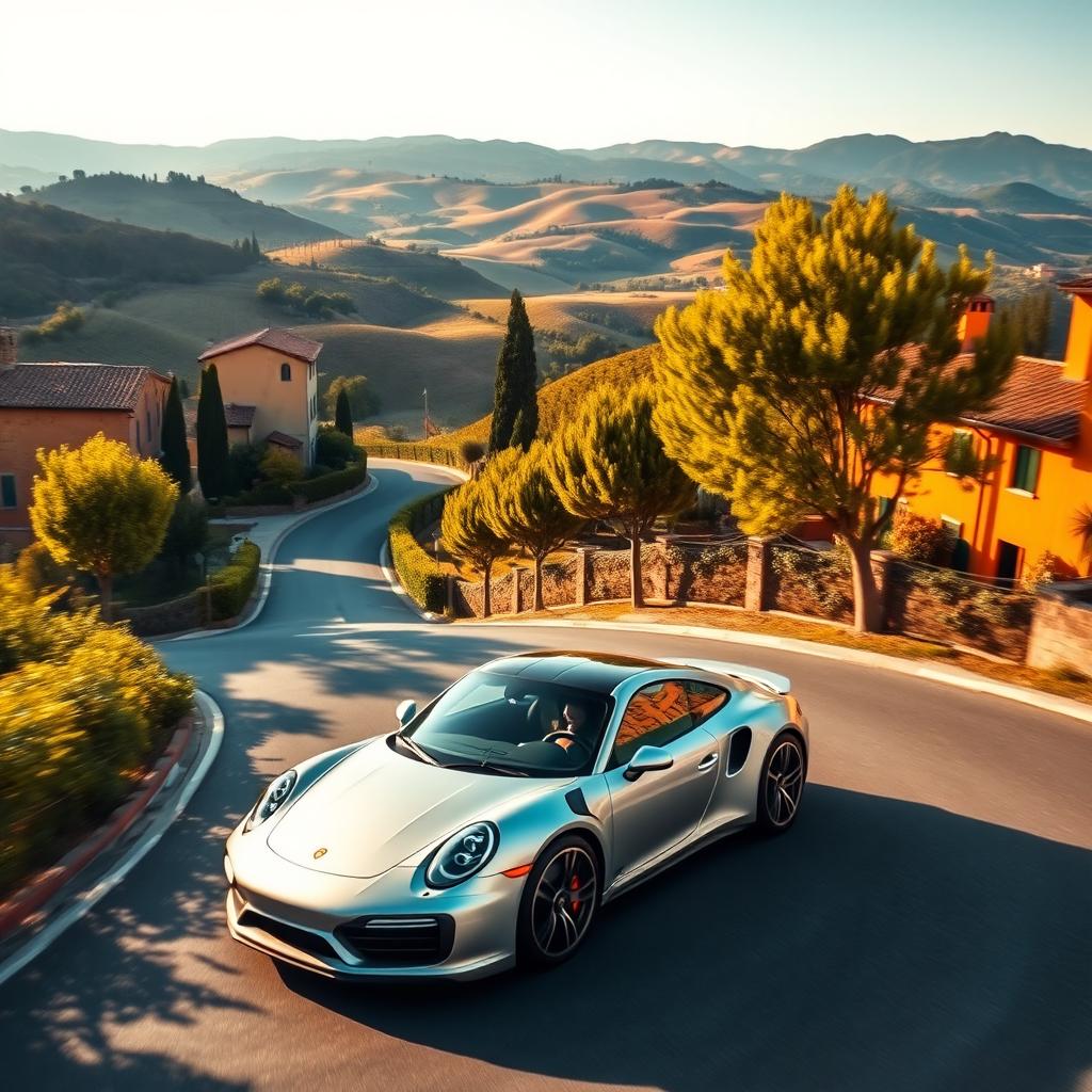 A wide-angle shot of a silver Porsche 911 Turbo S cruising along a winding, tree-lined street in Tuscany