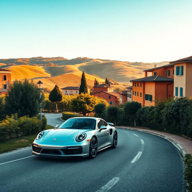 A wide-angle shot of a silver Porsche 911 Turbo S cruising along a winding, tree-lined street in Tuscany