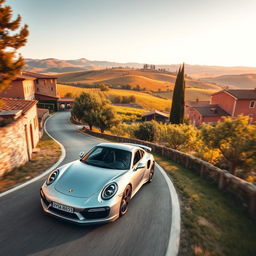 A wide-angle shot of a silver Porsche 911 Turbo S cruising along a winding, tree-lined street in Tuscany